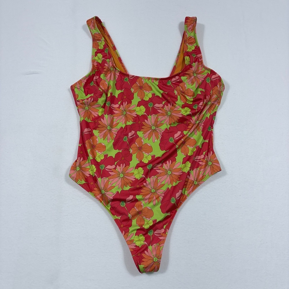 Asos One Piece Swimsuit Sz 16 XL Retro Floral Print Cheeky High Leg 90s‎